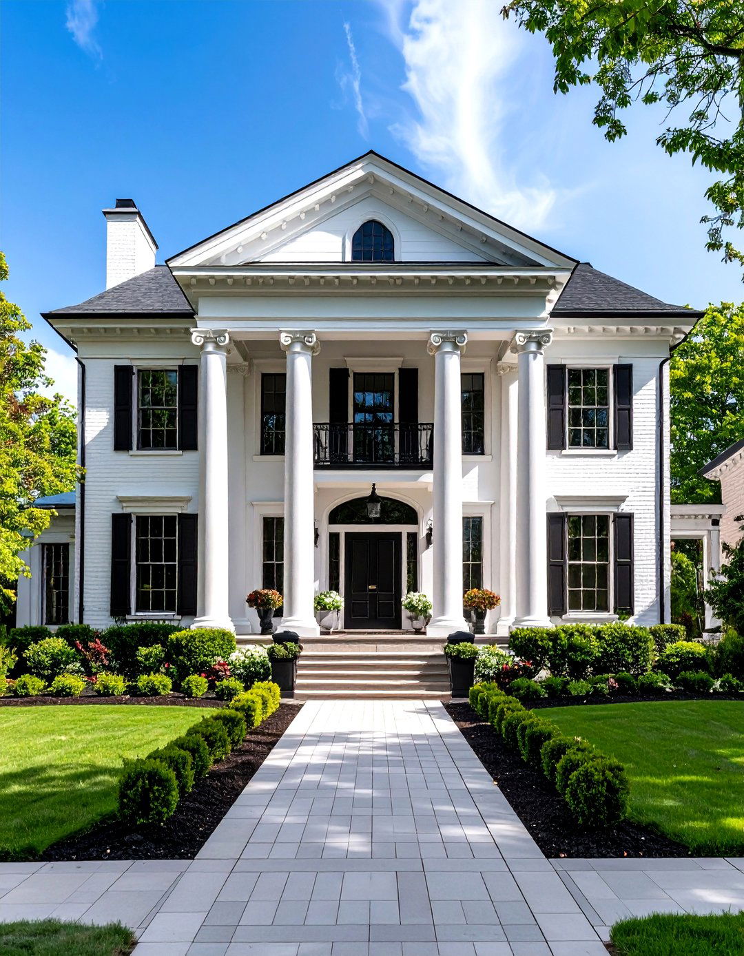 Neo Classical Revival with Black Architectural Details - 24 single story white house black trim