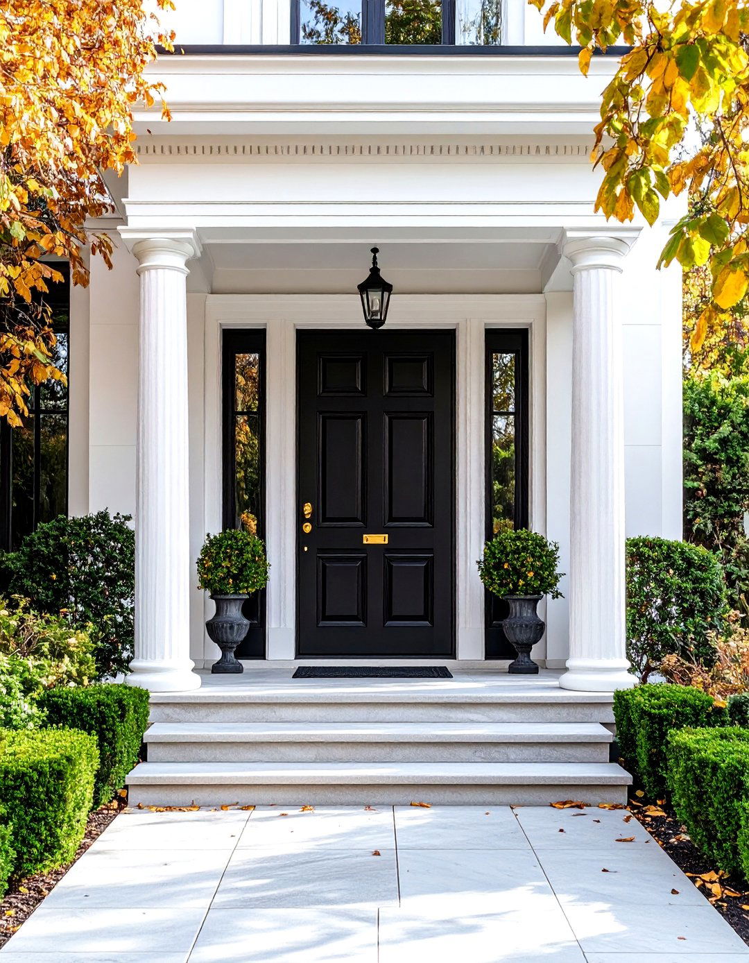 Neoclassical Black Front Door with Columns - 24 Black Front Door Ideas