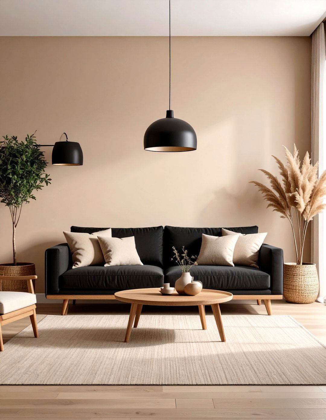 Neutral Beige Backdrop Black Couch Styling - 24 Black Couch Living Room Ideas