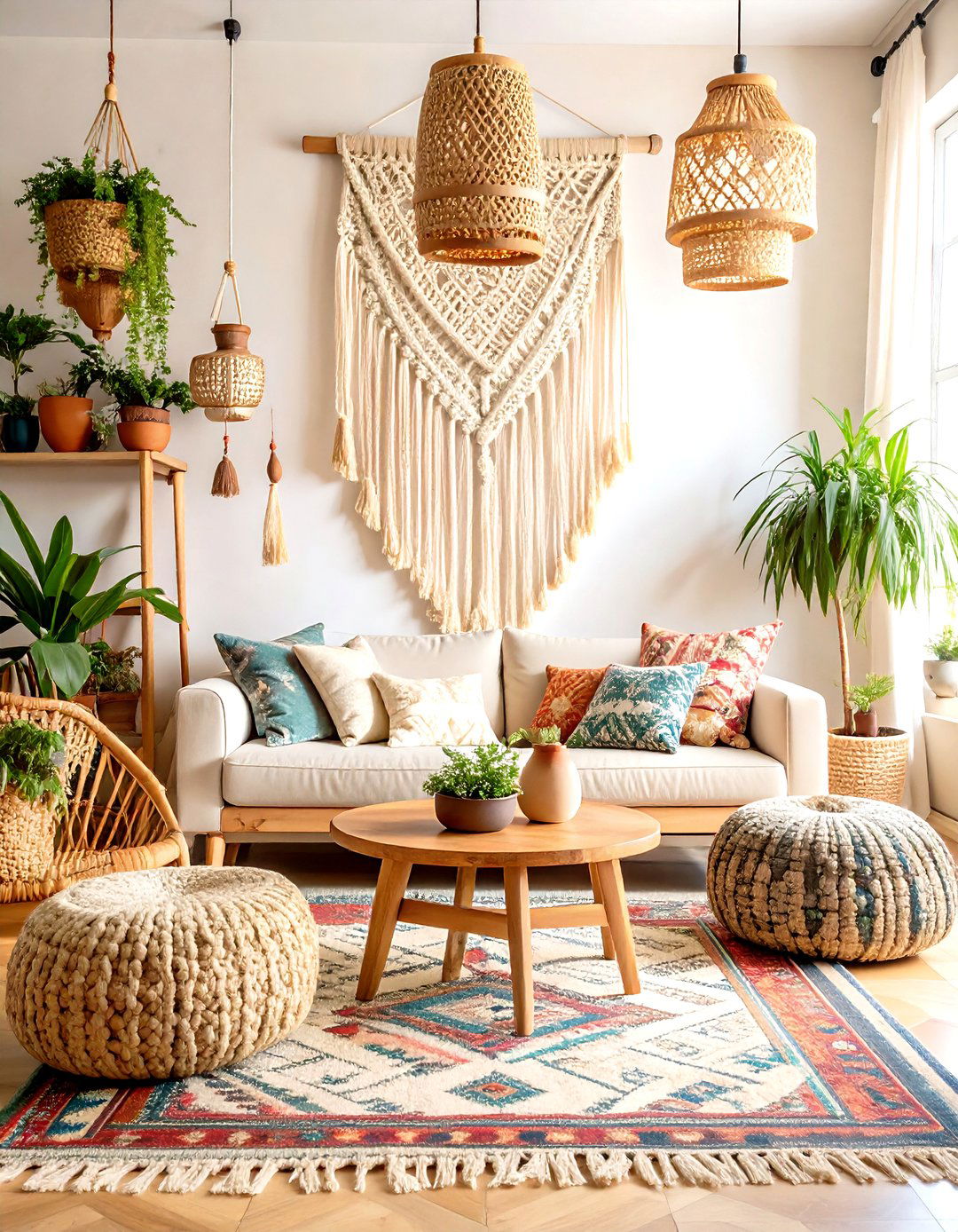 Neutral Boho Living Room with Layered Textures and Macrame - 24 Neutral Living Room Ideas