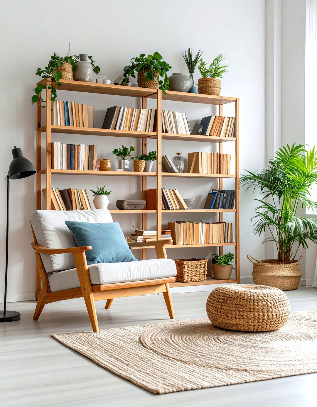 Neutral Floor to Ceiling Bookshelf Living Room - 24 Neutral Boho Living Room Ideas