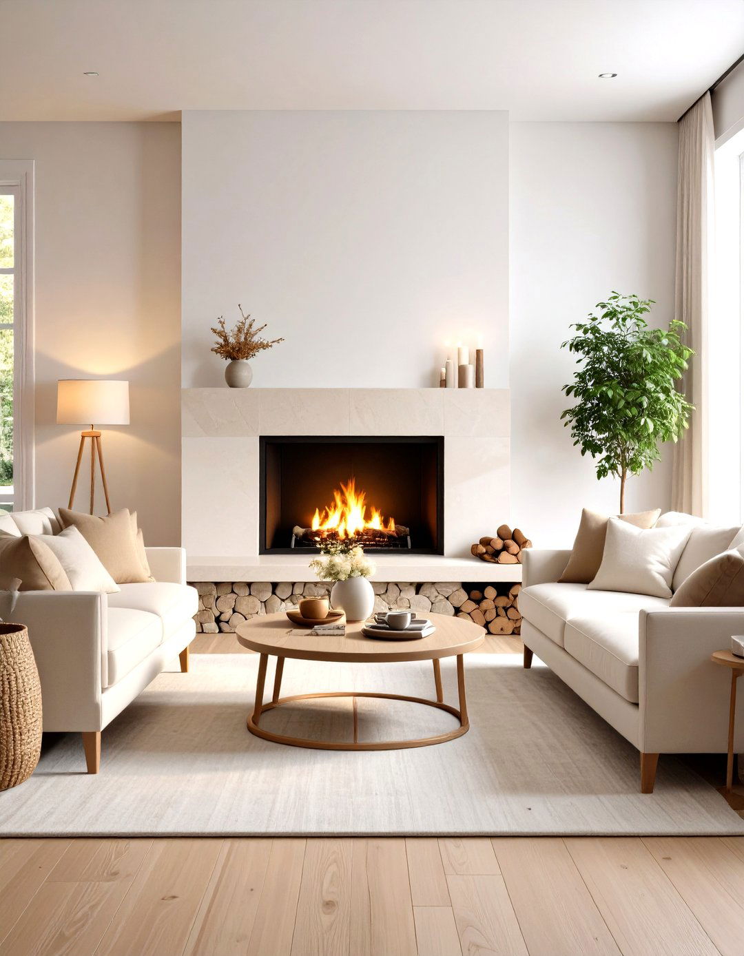 Neutral Living Room with Fireplace as Central Focus - 24 Neutral Living Room Ideas