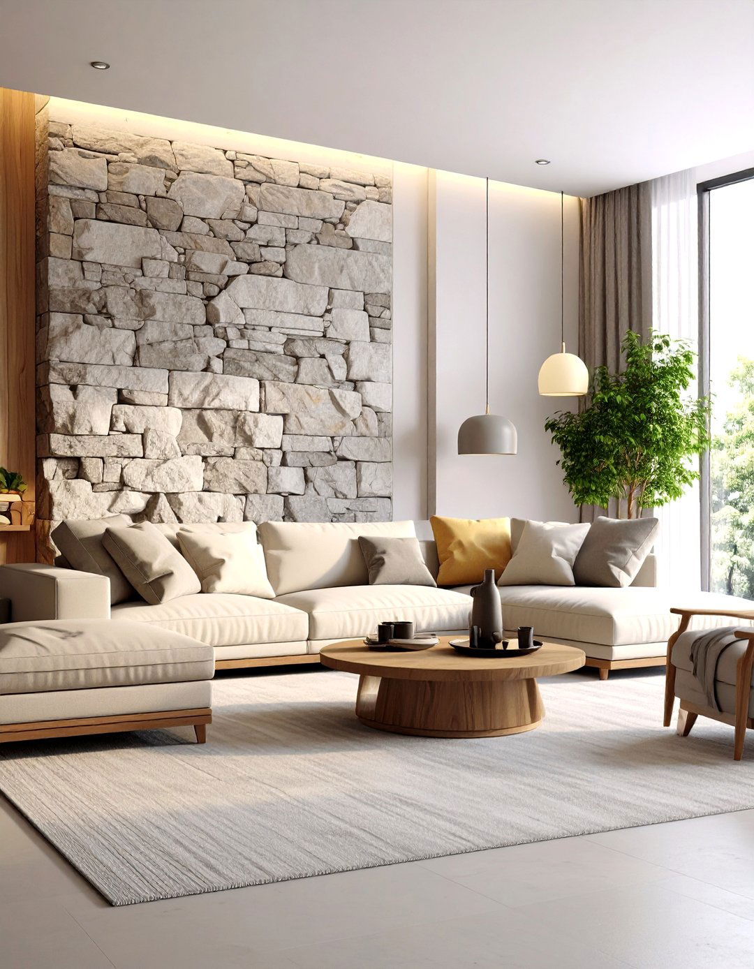 Neutral Living Room with Natural Stone Accent Wall - 24 Neutral Living Room Ideas
