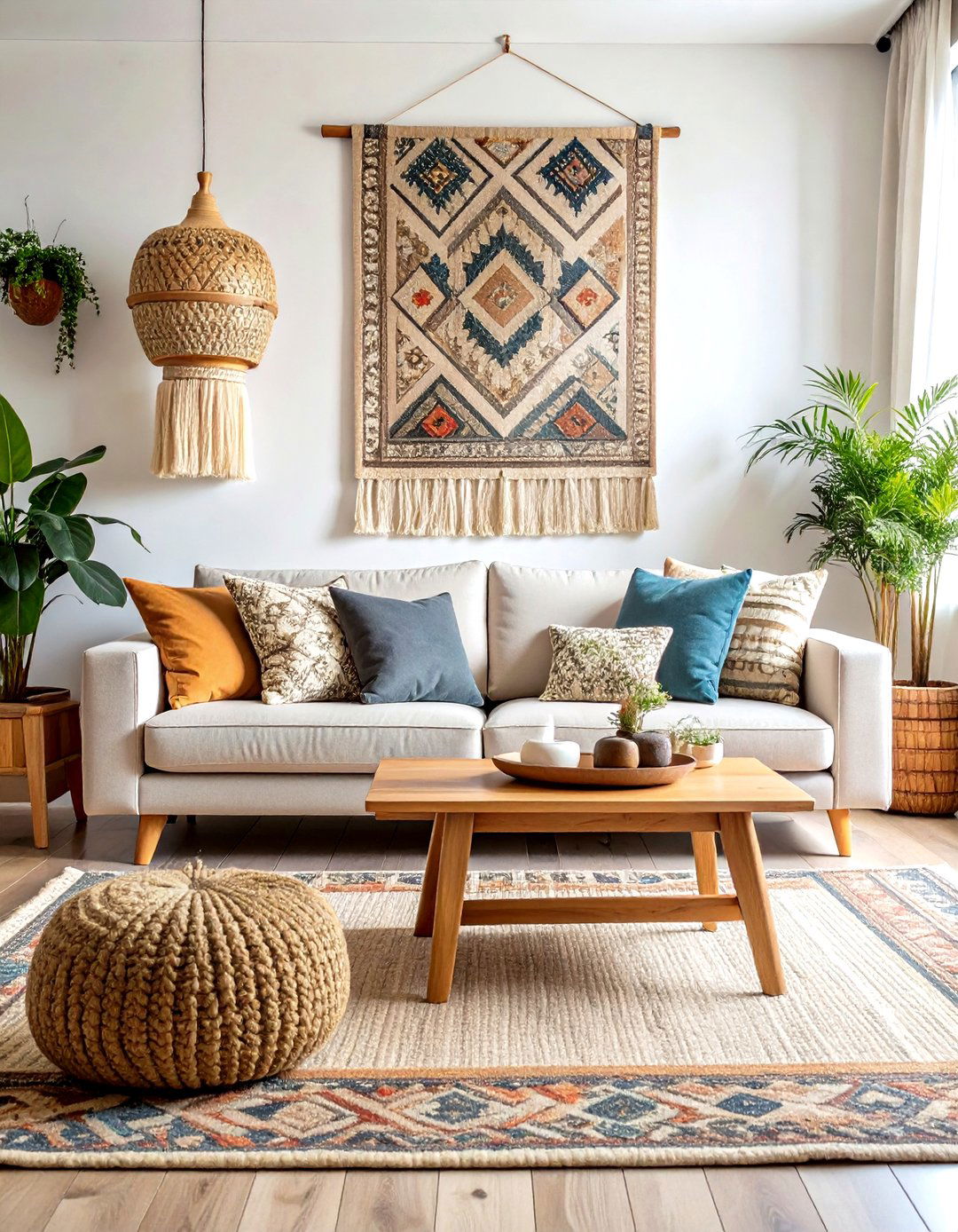 Neutral Tapestry Focal Wall Living Room - 24 Neutral Boho Living Room Ideas