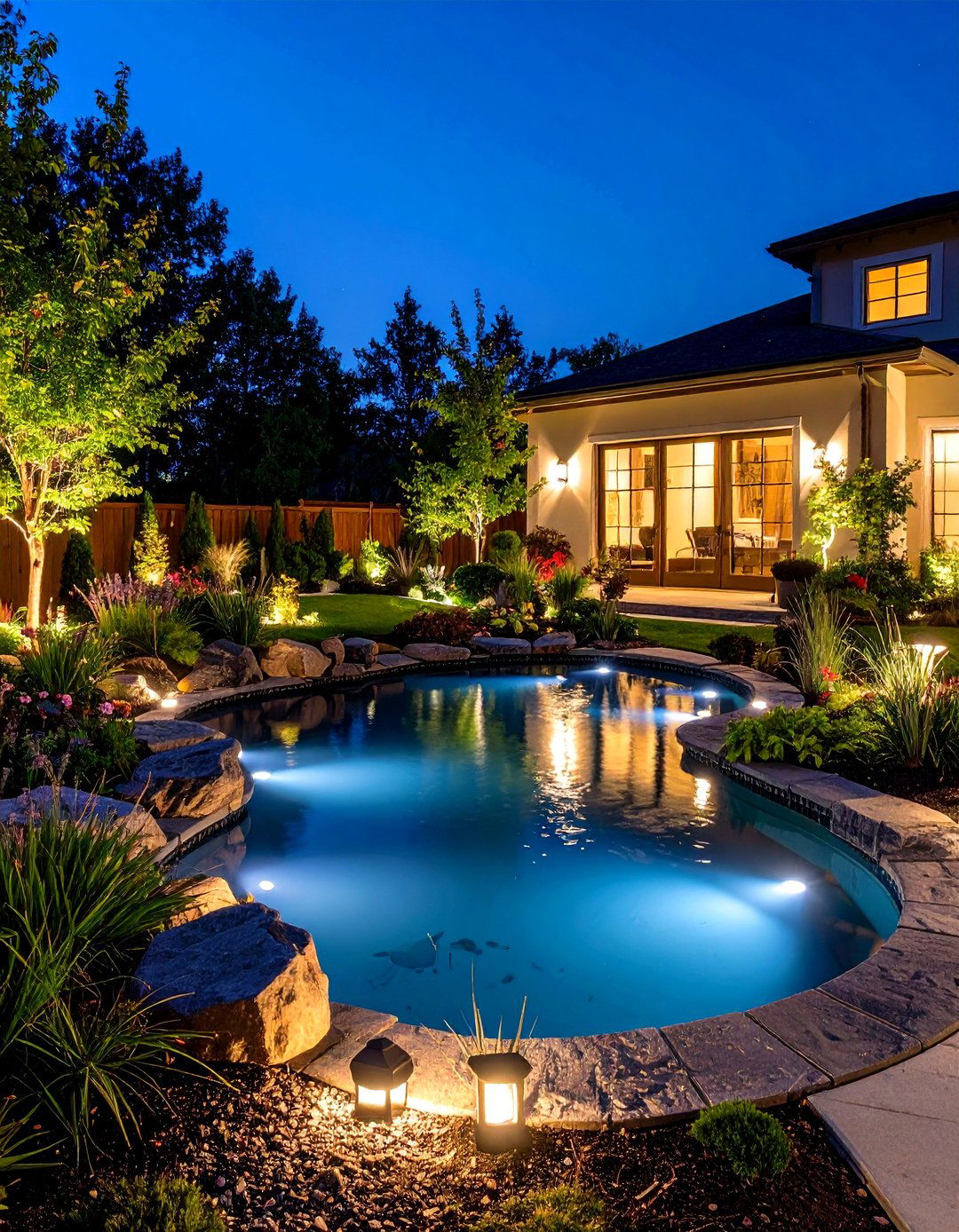 Night Garden Illuminated Pond - 24 Backyard Pond Ideas