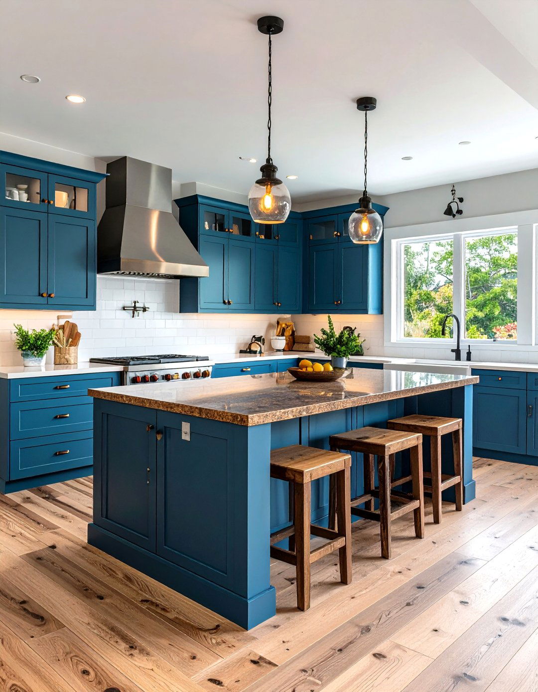 Ocean Blue Shaker Cabinets with Smoky Brown Granite Islands - 24 blue kitchen cabinets with brown granite countertops