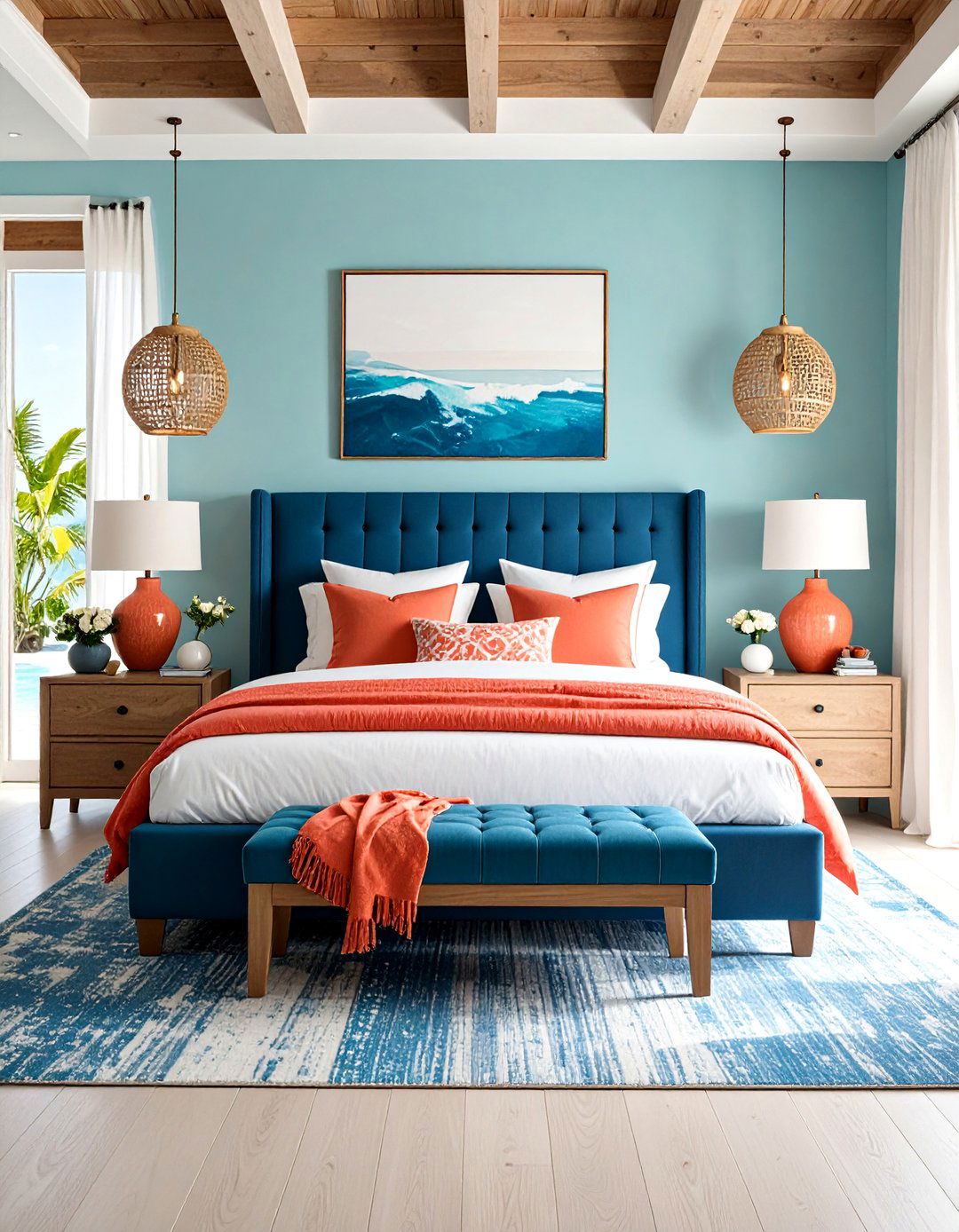 Ocean Blue and Coral Accent Bedroom - 24 Coastal Bedroom Ideas