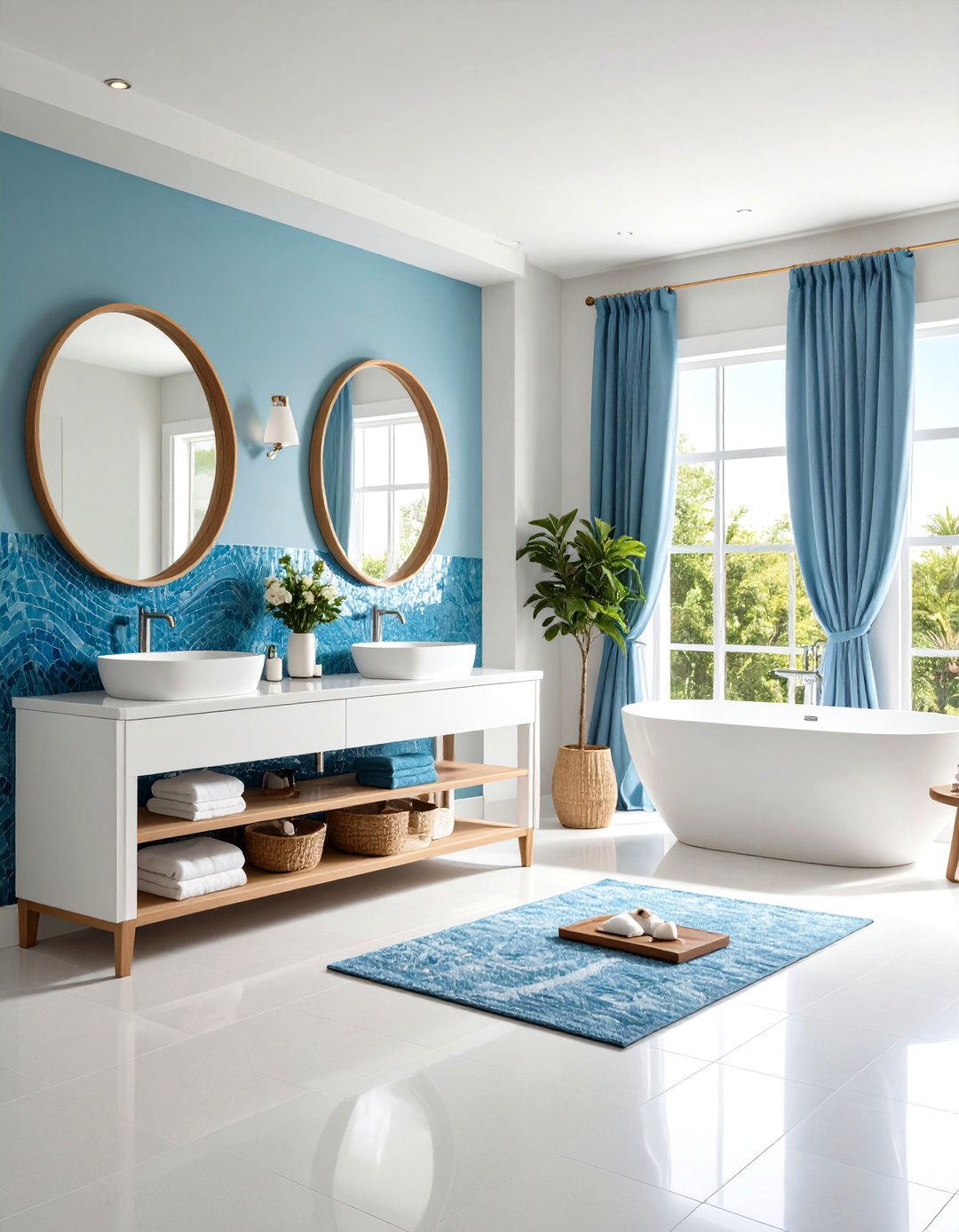 Ocean Wave Mosaic Tile Feature - 24 Nautical Bathroom Ideas