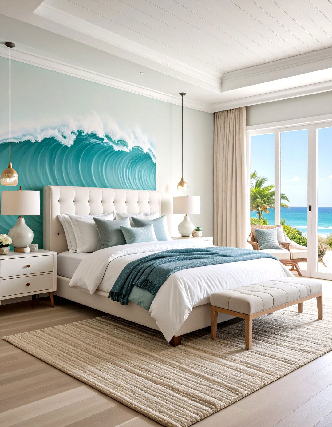 Ocean Wave Pattern Accent Wall Bedroom - 24 Coastal Bedroom Ideas