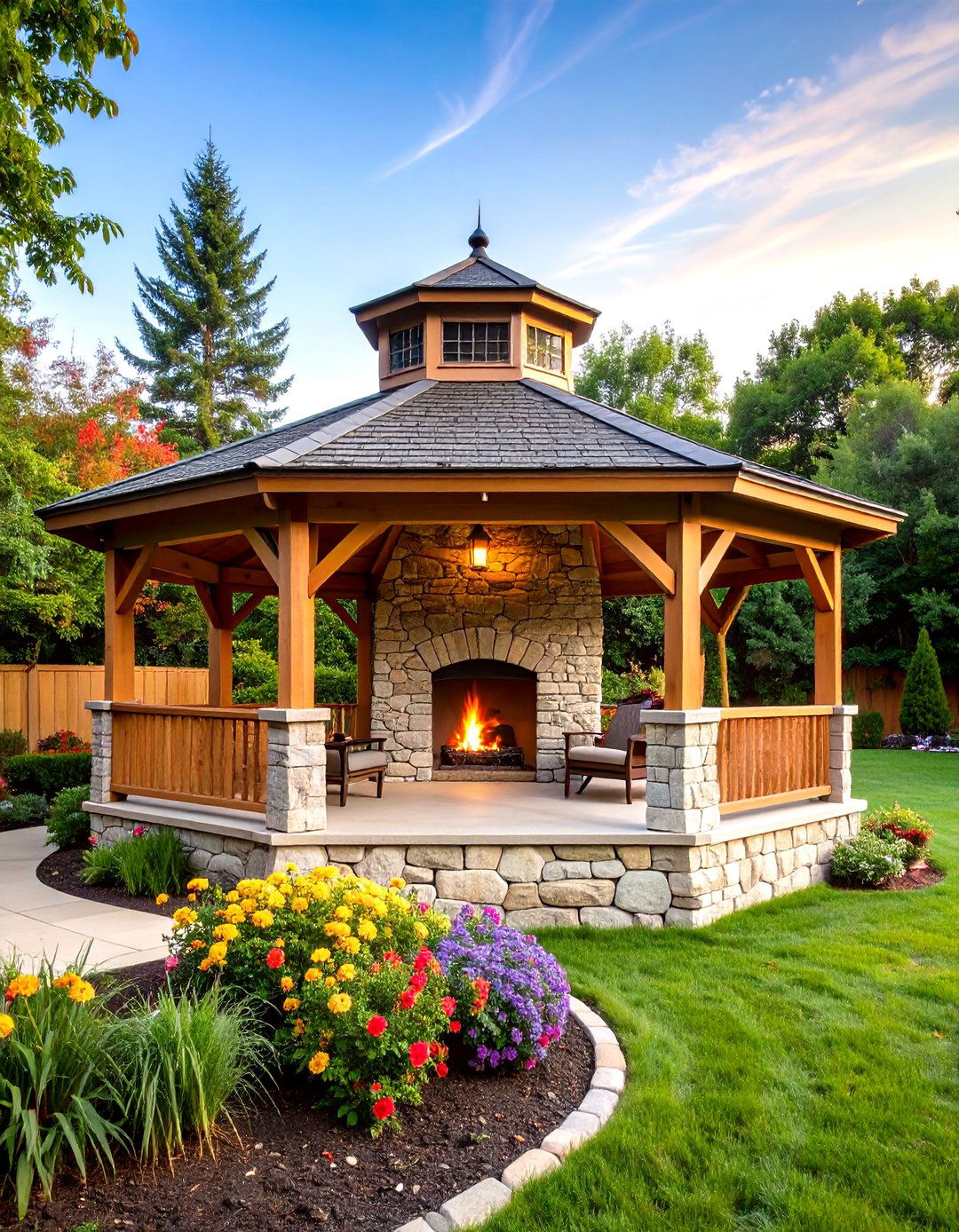 Octagonal Cedar Gazebo With Stone Fireplace - 24 Gazebo With Fireplace