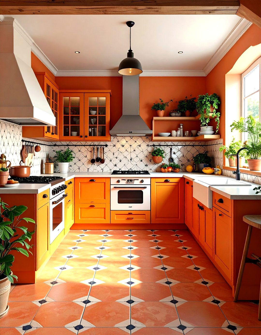Octagonal Terracotta Floor with Dot Inserts - 24 Terracotta Kitchen Floor Ideas