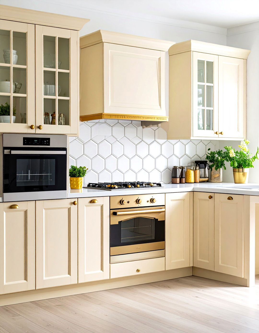 Off White Cabinets with Geometric Tile Backsplash - 24 Off-white Kitchen Cabinets
