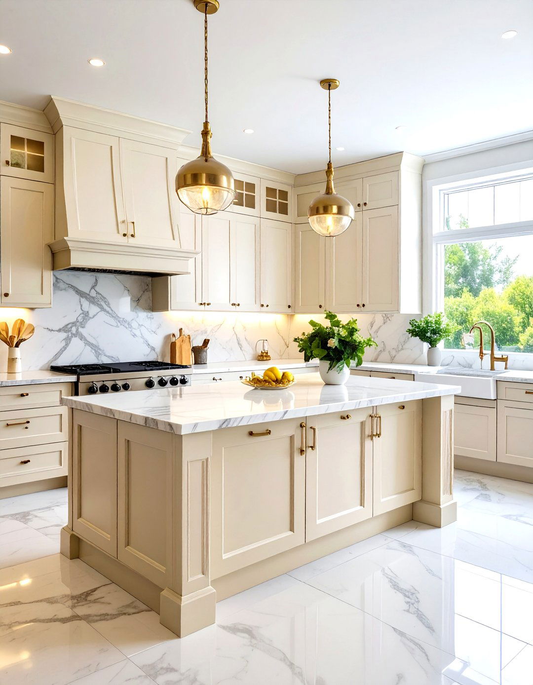 Off White Cabinets with Marble Slab Backsplash - 24 Off-white Kitchen Cabinets
