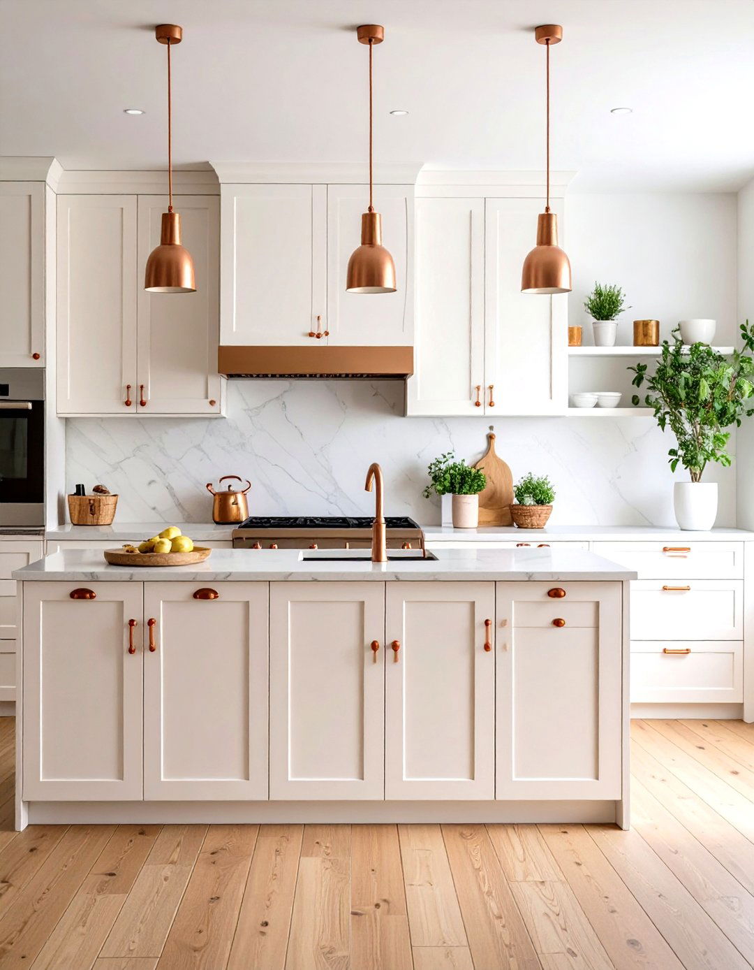 Off White Flat Front Cabinets with Copper Accents - 24 Off-white Kitchen Cabinets