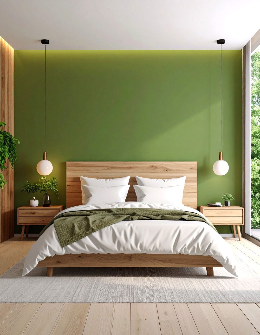 Olive Green Accent Wall Behind the Bed - 24 Olive Green Bedroom Ideas