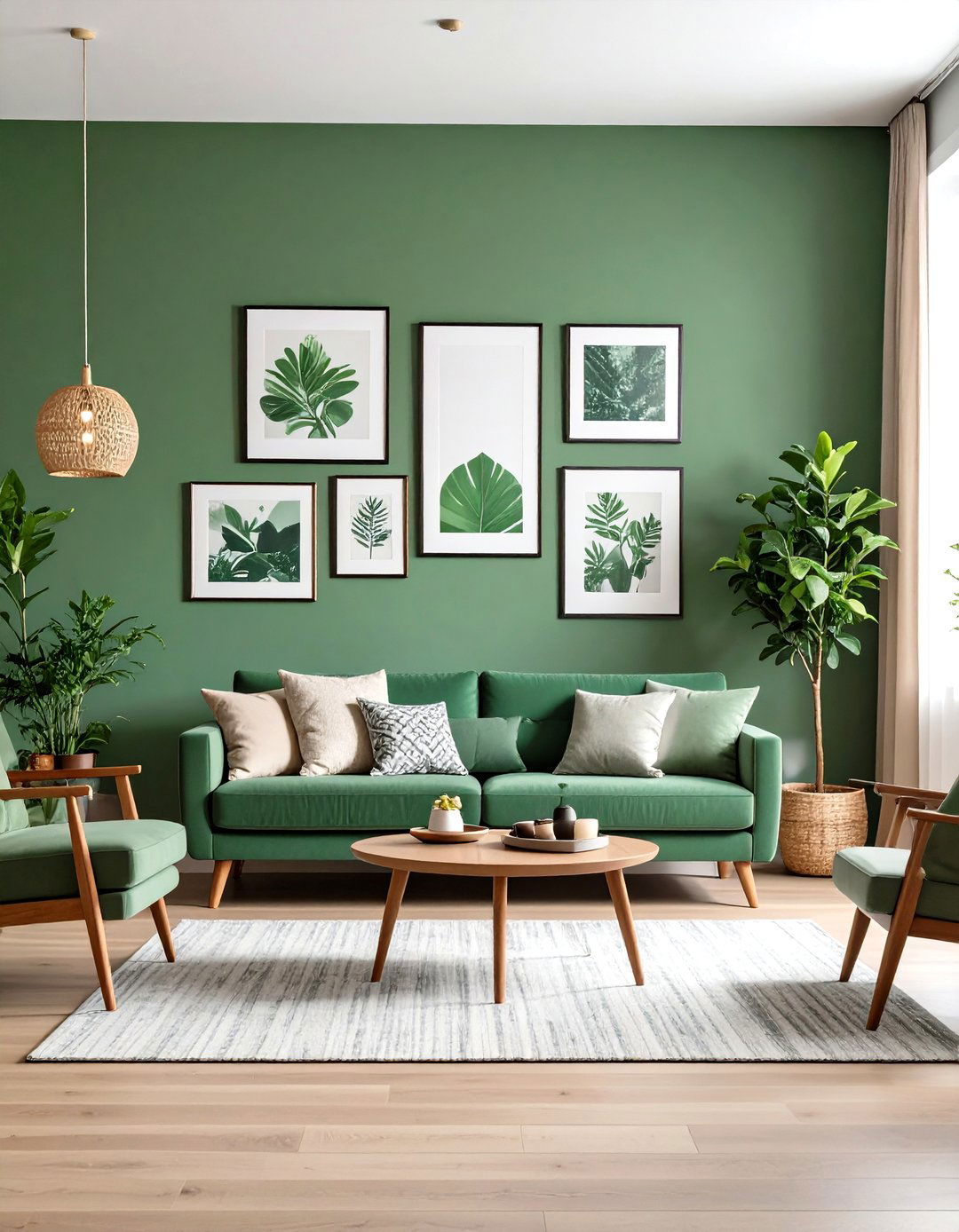 Olive Green Accent Wall with Artwork Display - 24 Green Accent Wall Ideas