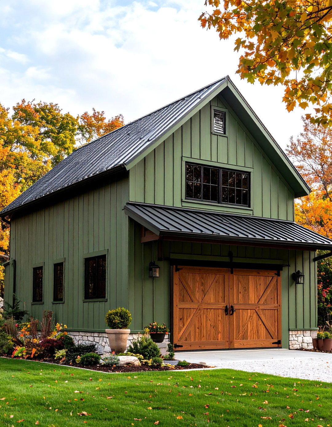 Olive Green Barn Style with Black Metal Accents - 24 Green House Exterior With Black Trim