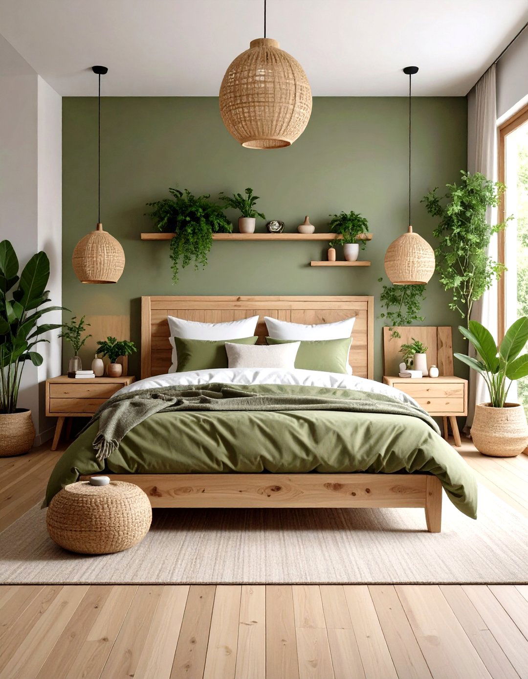 Olive Green Bedding with Natural Wood Elements - 24 Green and Brown Bedroom Ideas