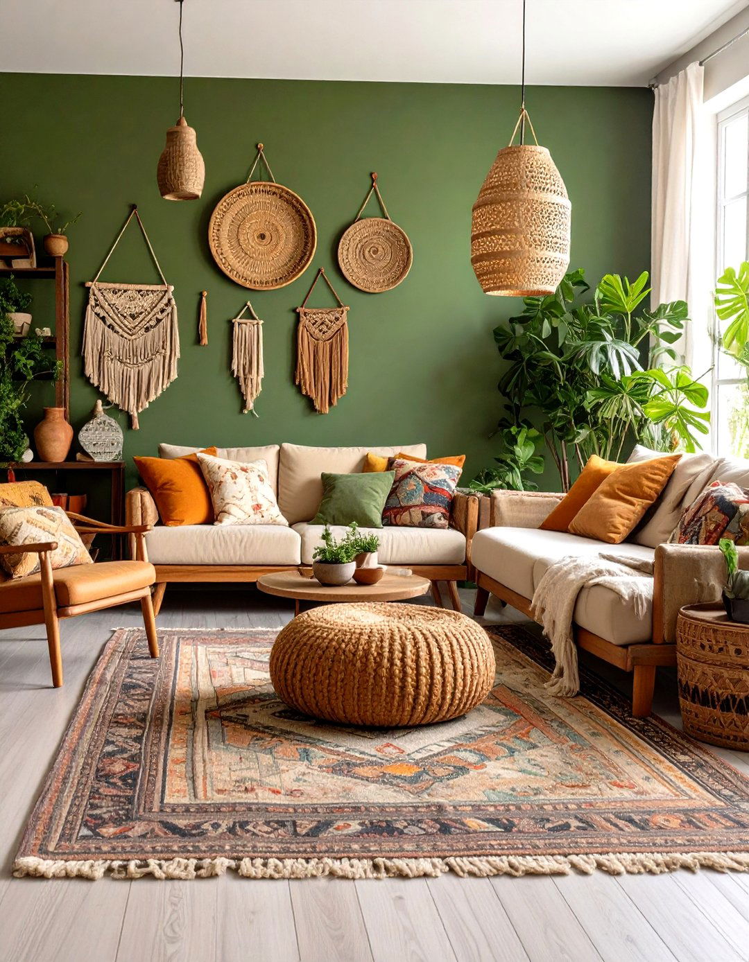 Olive Green Bohemian Living Room - 24 Dark Green Living Room Ideas