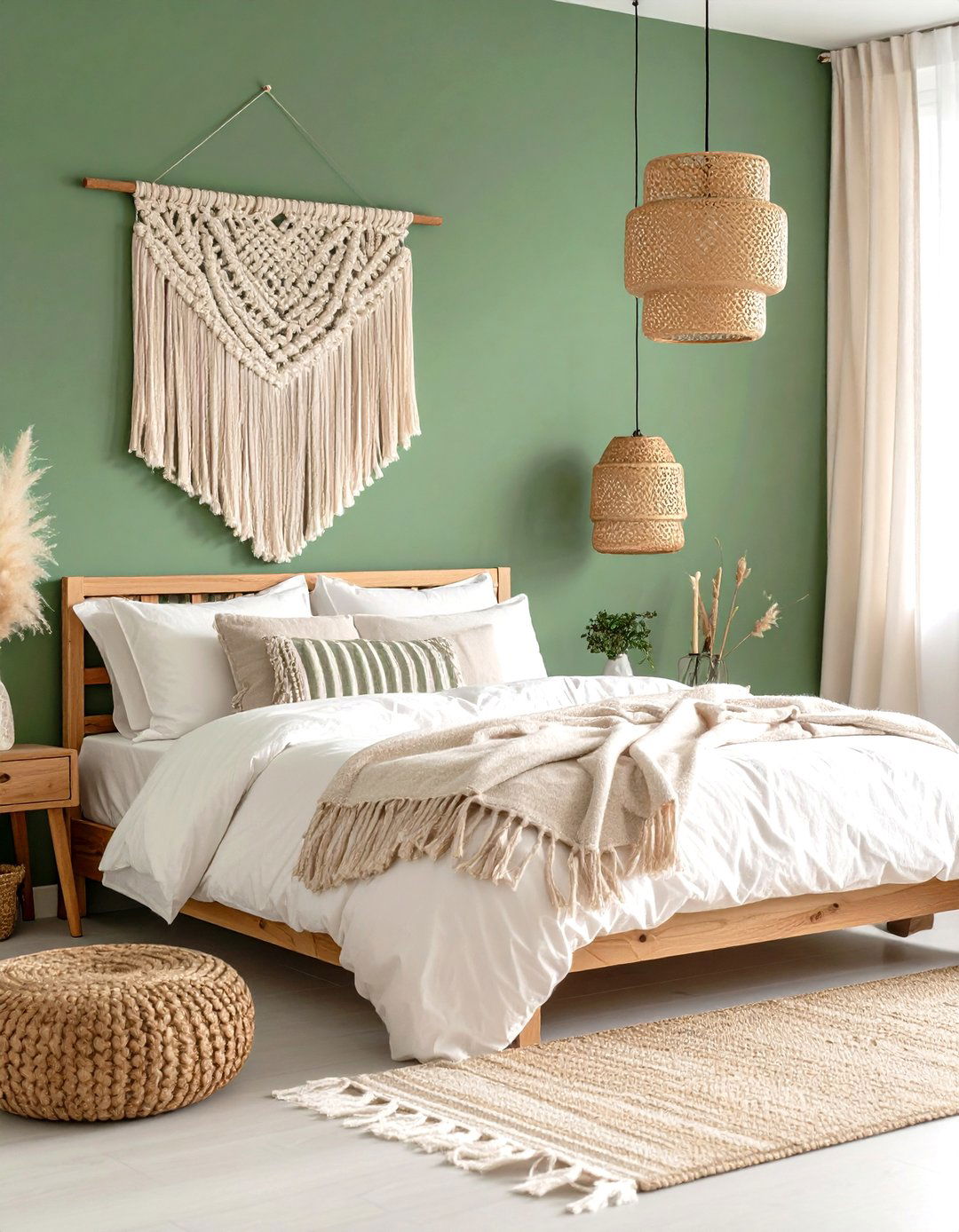 Olive Green Bohemian Retreat - 24 Green and White Bedroom Ideas