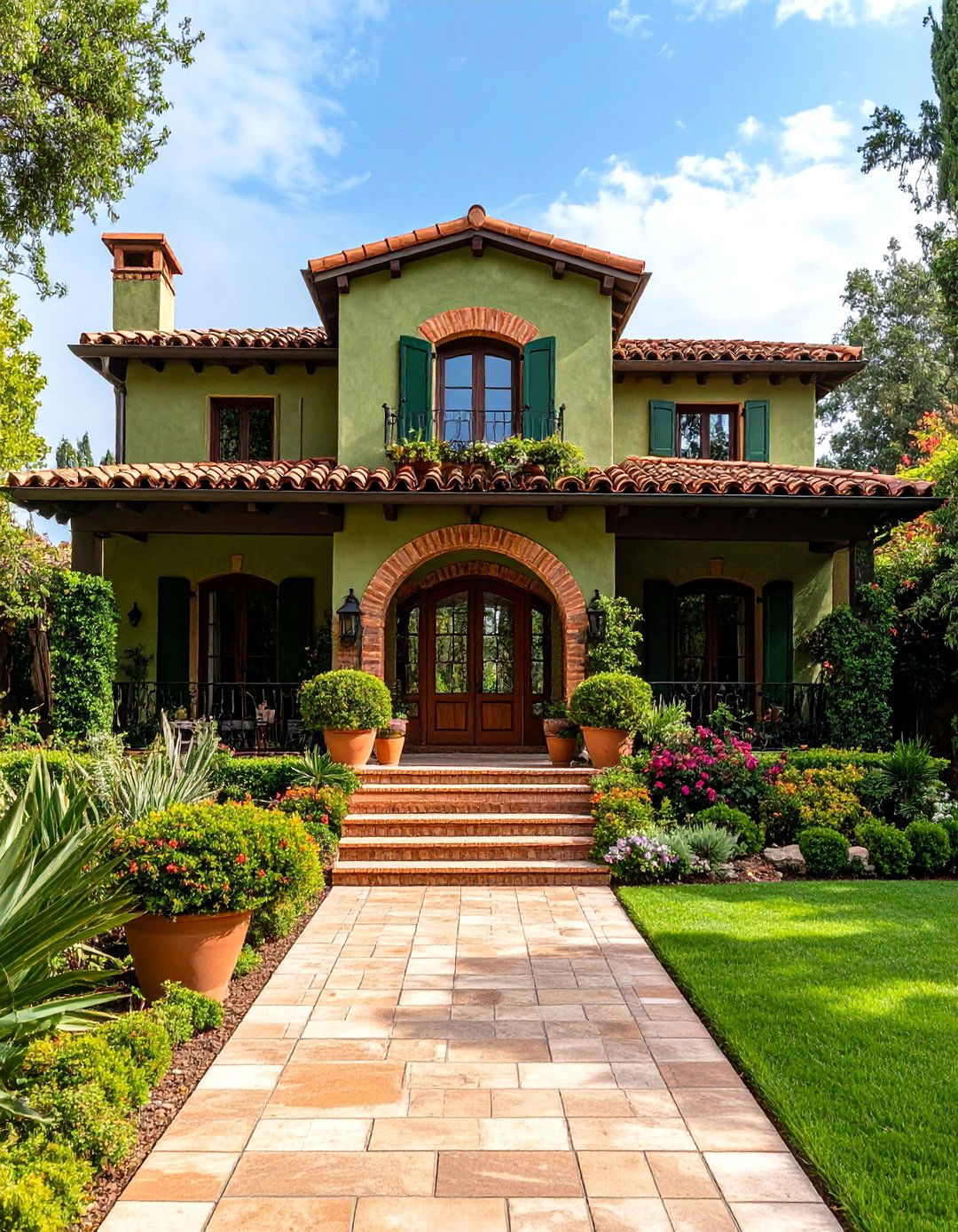 Olive Green Brick Mediterranean Villa - 24 Green Brick Exterior Home Ideas
