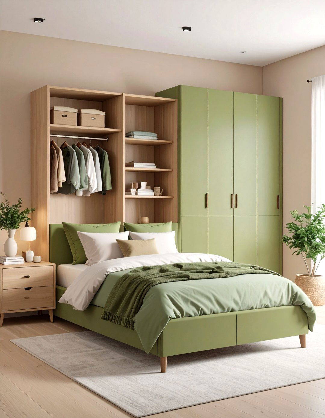 Olive Green Built in Storage - 24 Green and Beige Bedroom Ideas