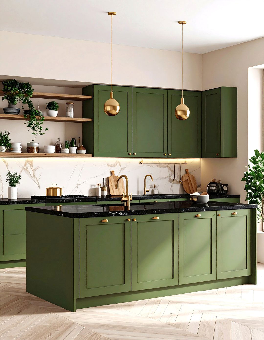 Olive Green Cabinets with Black Quartz and Brass Hardware - 24 Green Kitchen Cabinets With Black Countertops