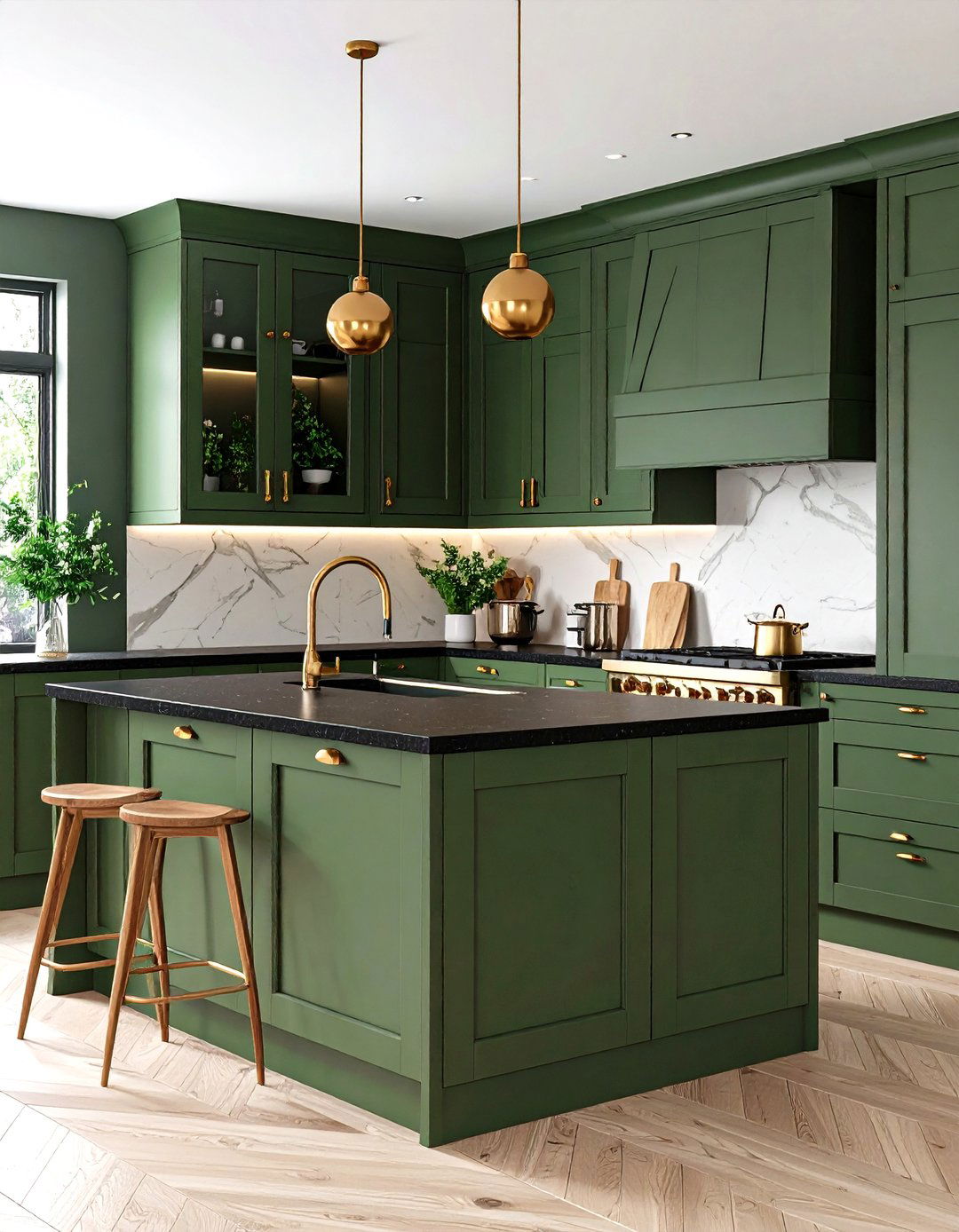 Olive Green Cabinets with Black Quartz and Wood Accents - 24 Green Kitchen Cabinets With Black Countertops