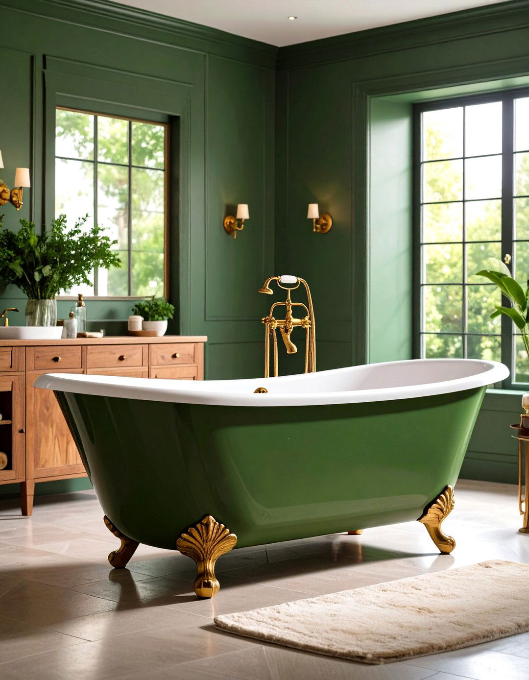 Olive Green Clawfoot Tub with Gold Plumbing Fixtures - 24 Green and Gold Bathroom Ideas