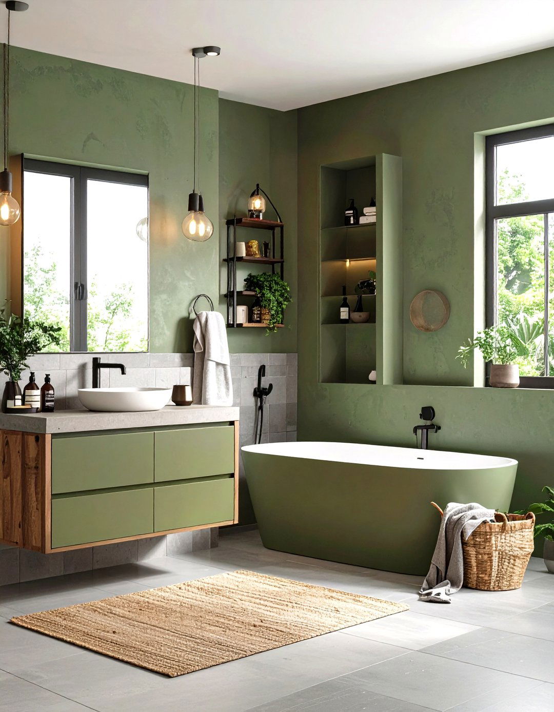 Olive Green Concrete Counters with Grey Subway Walls - 24 Green and Grey Bathroom Ideas