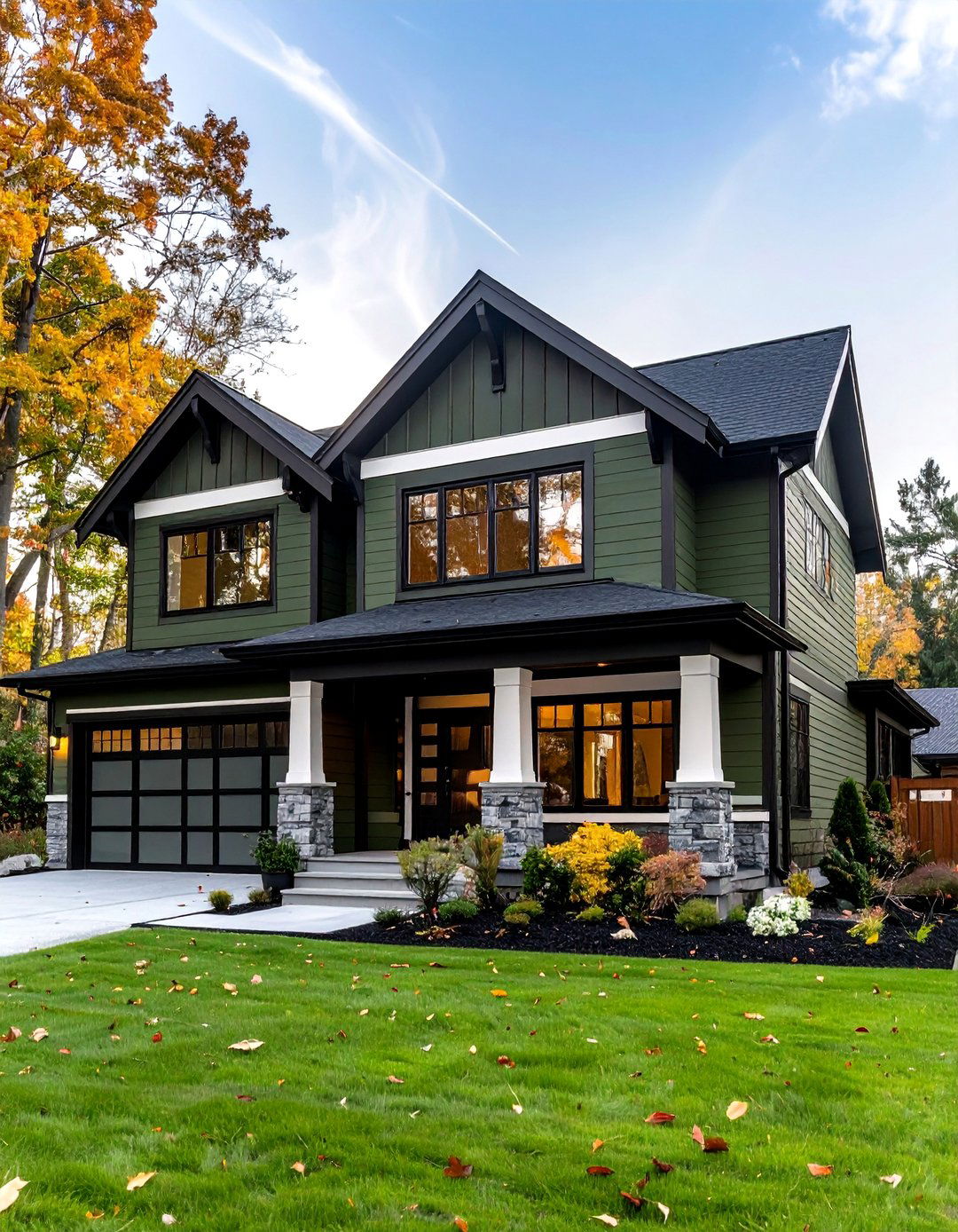 Olive Green Fiber Cement with Black Trim and White Accents - 24 Dark Olive Green House With Black Trim