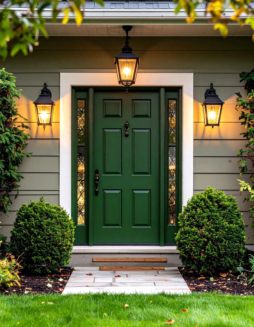 Olive Green Front Door with Carriage Style Lighting - 24 Olive Green Front Door Ideas
