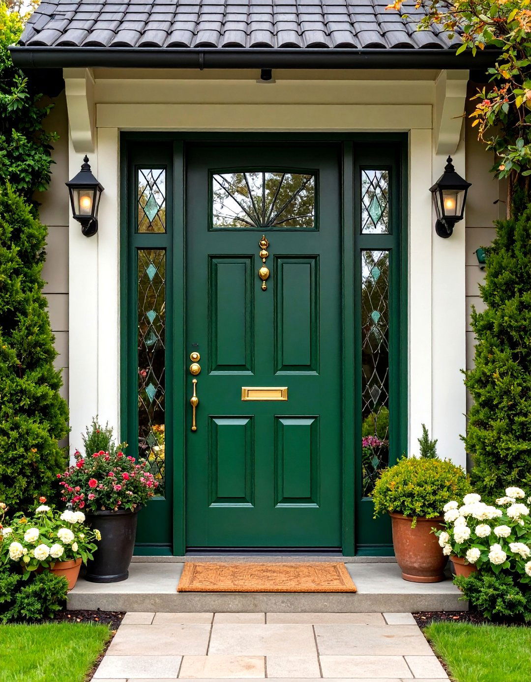 Olive Green Front Door with Decorative Glass Panels - 24 Olive Green Front Door Ideas