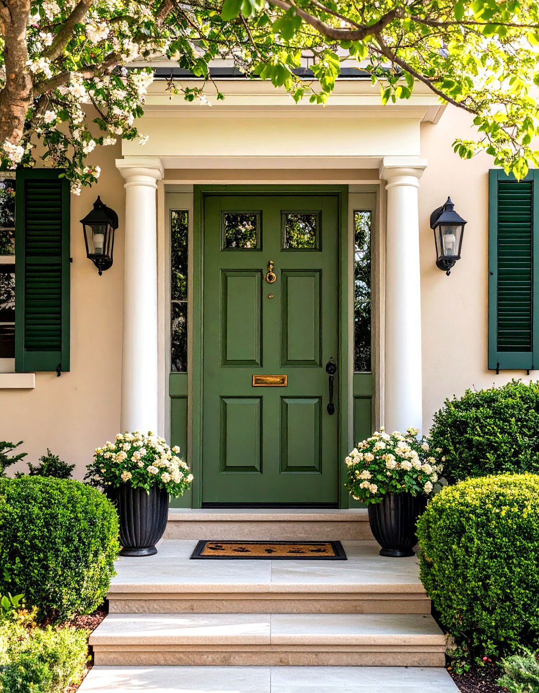 Olive Green Front Door with Matching Shutters - 24 Olive Green Front Door Ideas