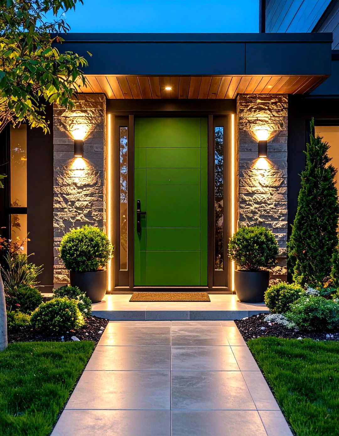 Olive Green Front Door with Modern LED Strip Lighting - 24 Olive Green Front Door Ideas