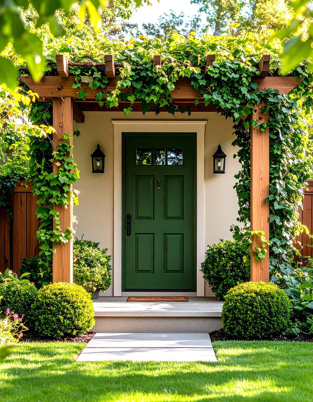 Olive Green Front Door with Pergola Entry - 24 Olive Green Front Door Ideas