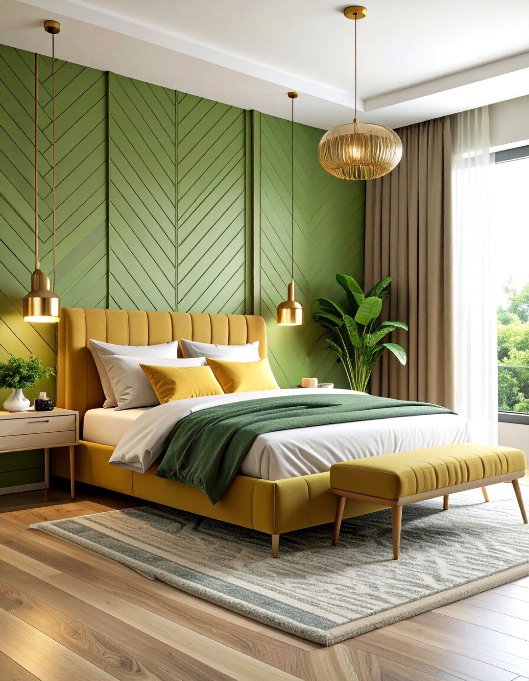 Olive Green Geometric Panelling Pattern - 24 Green Panelling Bedroom Ideas