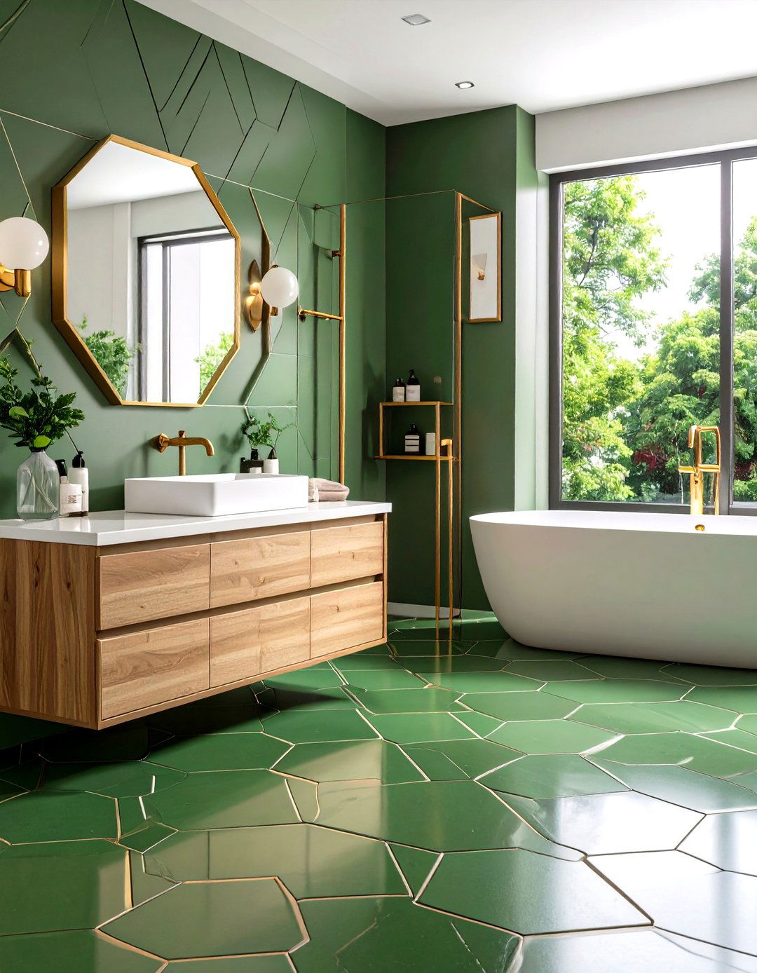 Olive Green Hexagon Floor Tiles with Gold Fixtures - 24 Green and Gold Bathroom Ideas