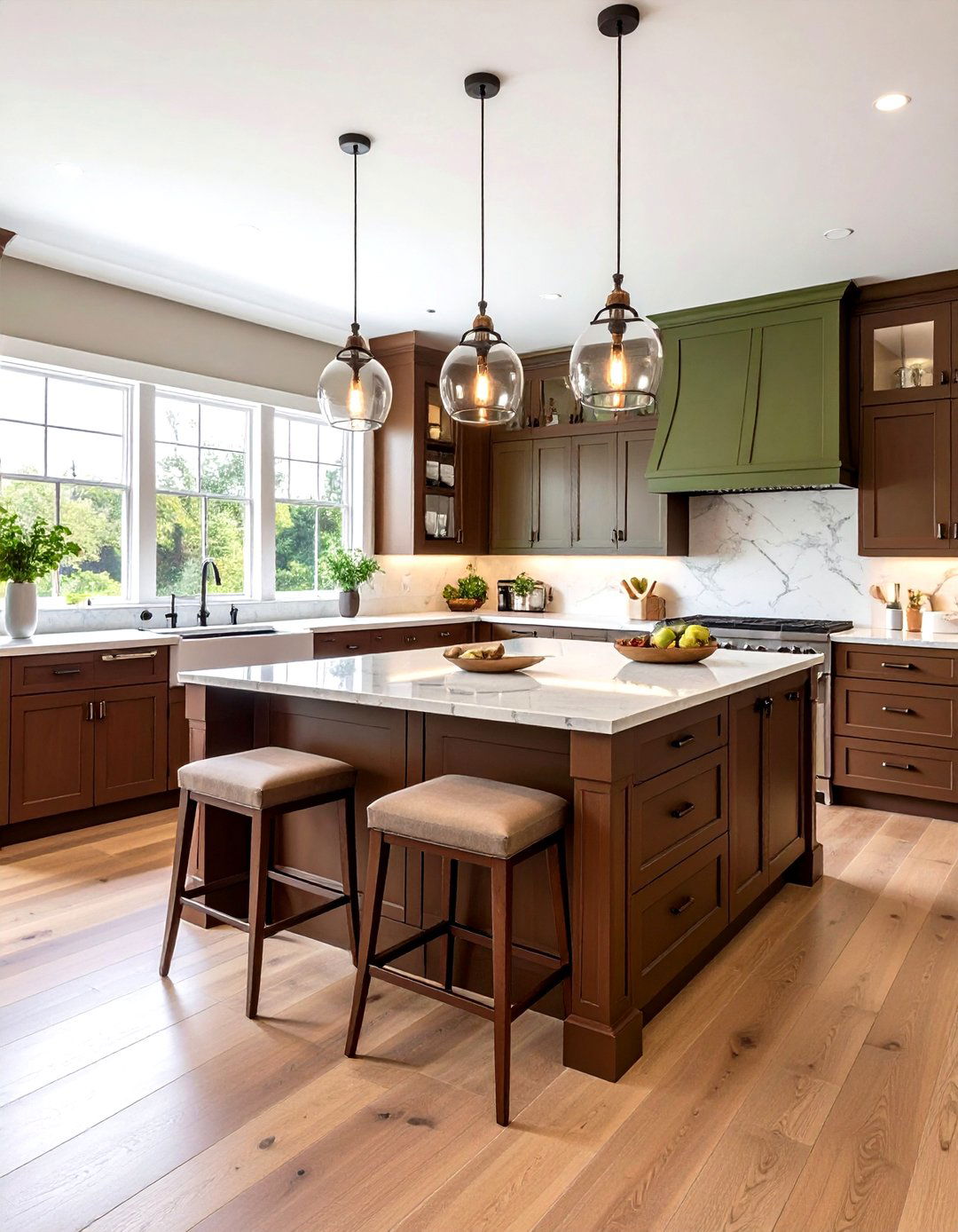 Olive Green Kitchen Island with Chocolate Brown Perimeter - 24 Green and Brown Kitchen Ideas