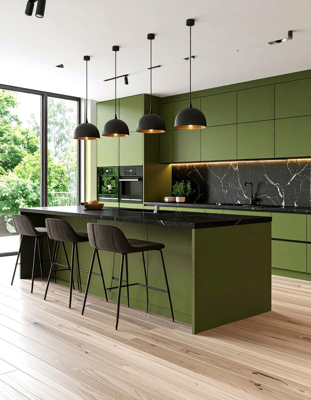 Olive Green Kitchen Peninsula with Black Quartz Waterfall - 24 Black and Green Kitchen Ideas