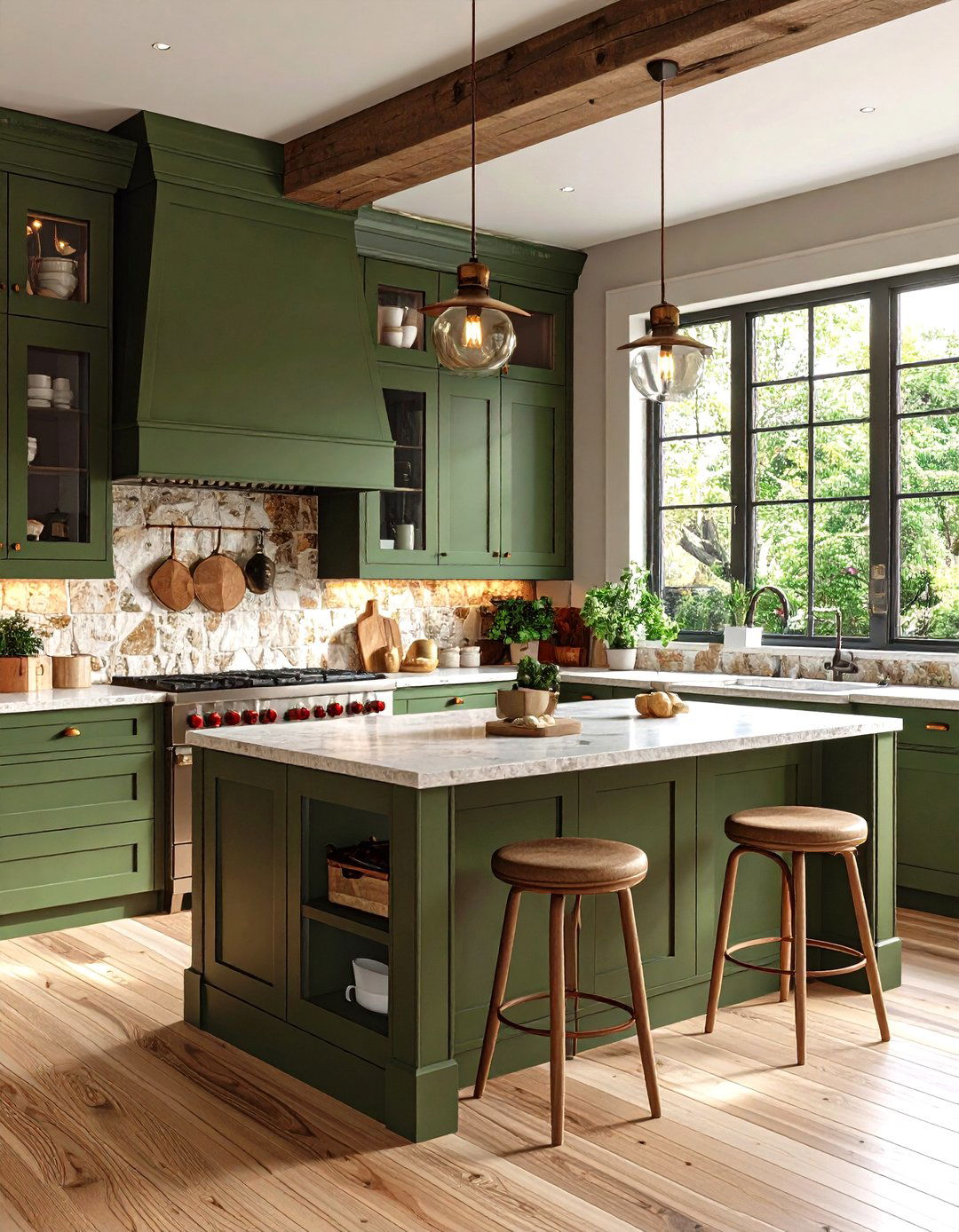 Olive Green Kitchen with Natural Stone Backsplash - 24 Olive Green Kitchens