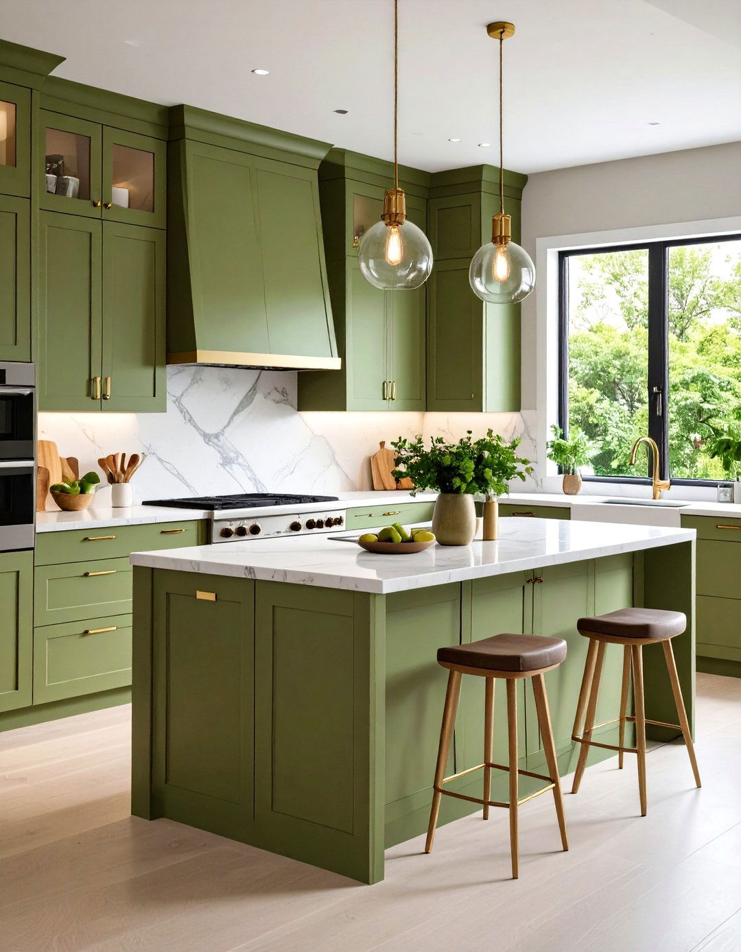 Olive Green Kitchen with Quartz Waterfall Countertops - 24 Olive Green Kitchens