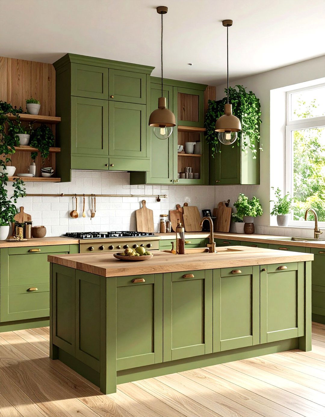 Olive Green Kitchen with Warm Wood Tones - 24 Colorful Kitchen Ideas