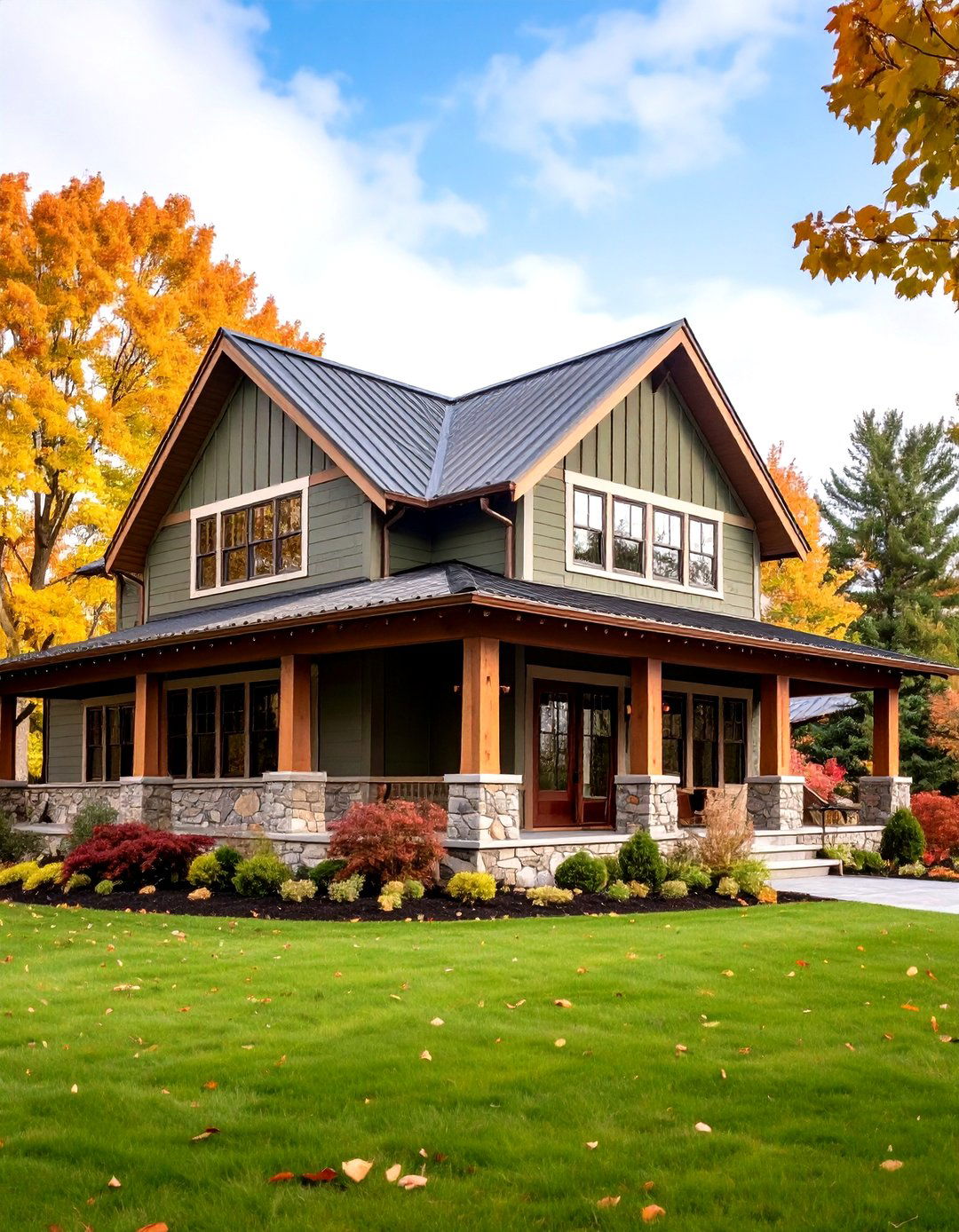 Olive Green Lap Siding with Copper Accents - 24 Farmhouse Green Exterior Home Ideas