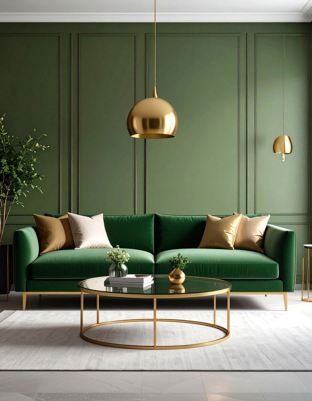 Olive Green Minimalist with Gold Fixtures - 24 Green and Gold Living Room Ideas