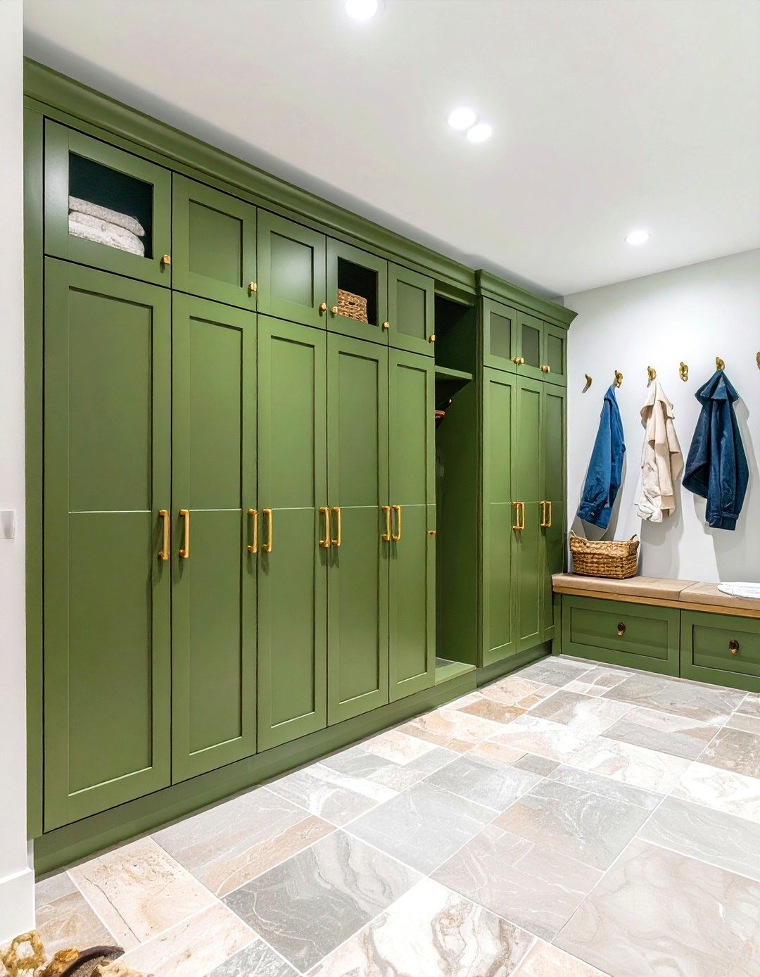 Olive Green Mudroom Laundry Combination - 24 Green Laundry Room Ideas