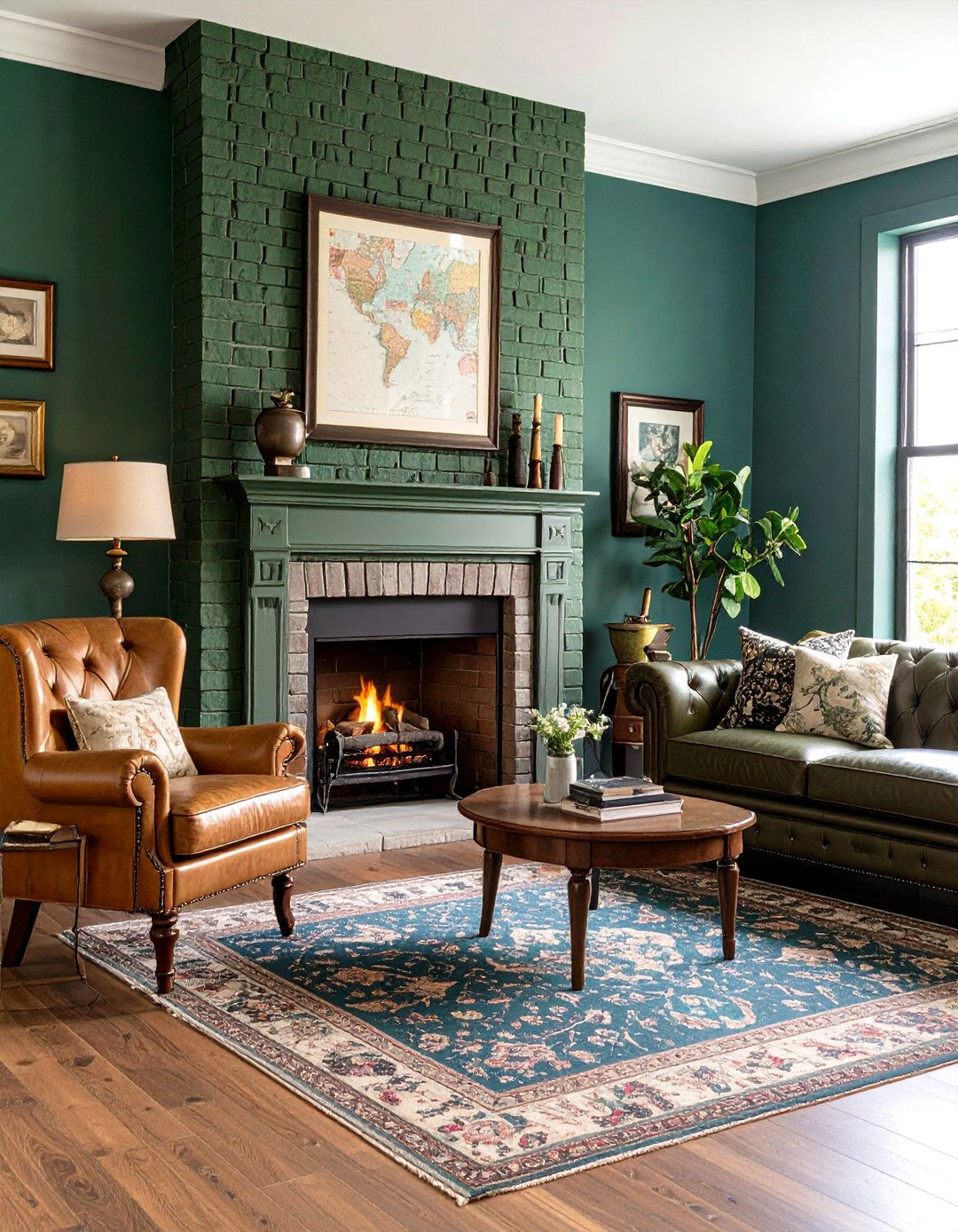 Olive Green Painted Brick Fireplace with Military Heritage - 24 Painted Brick Fireplace Ideas