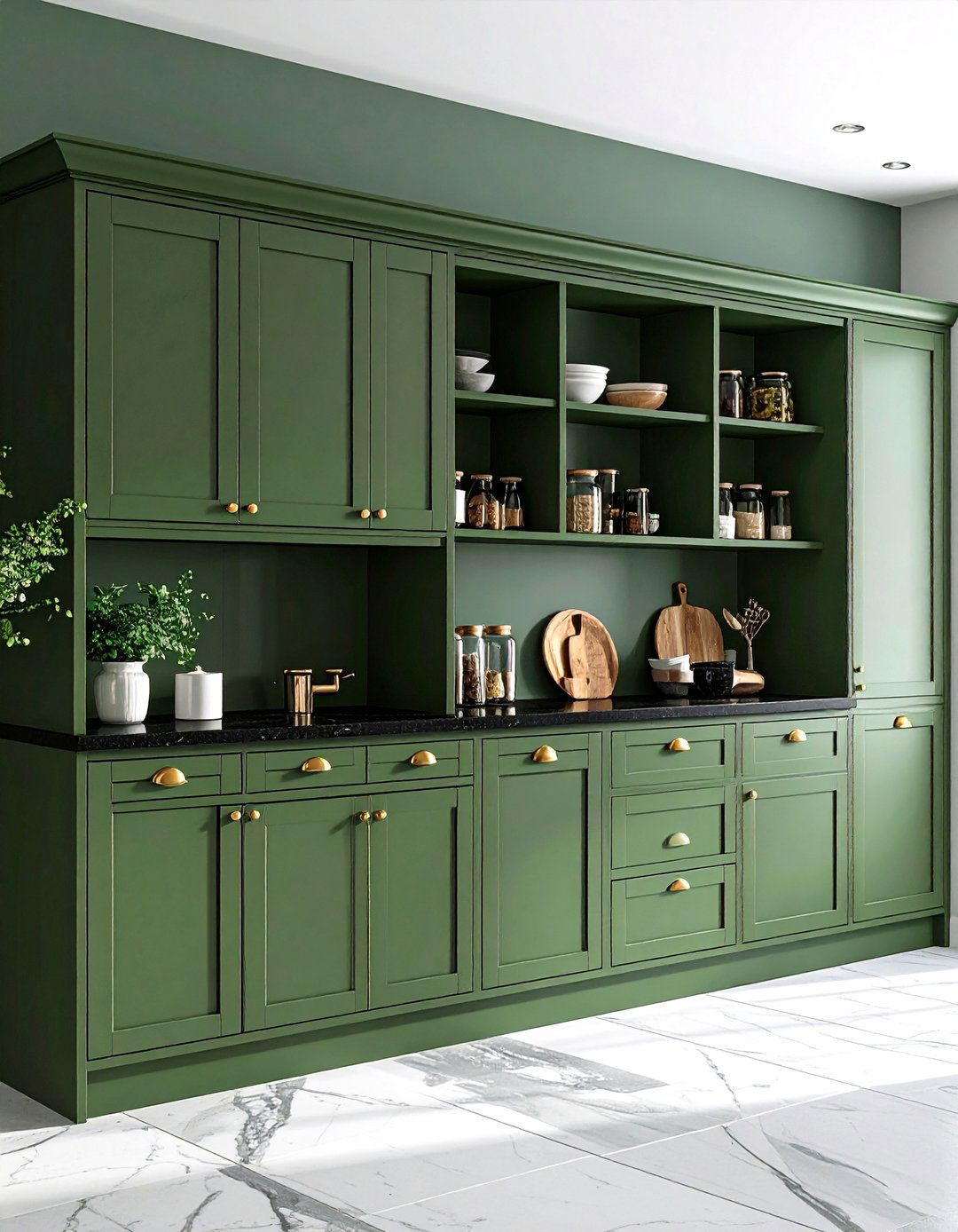 Olive Green Pantry Cabinets with Black Countertop Storage