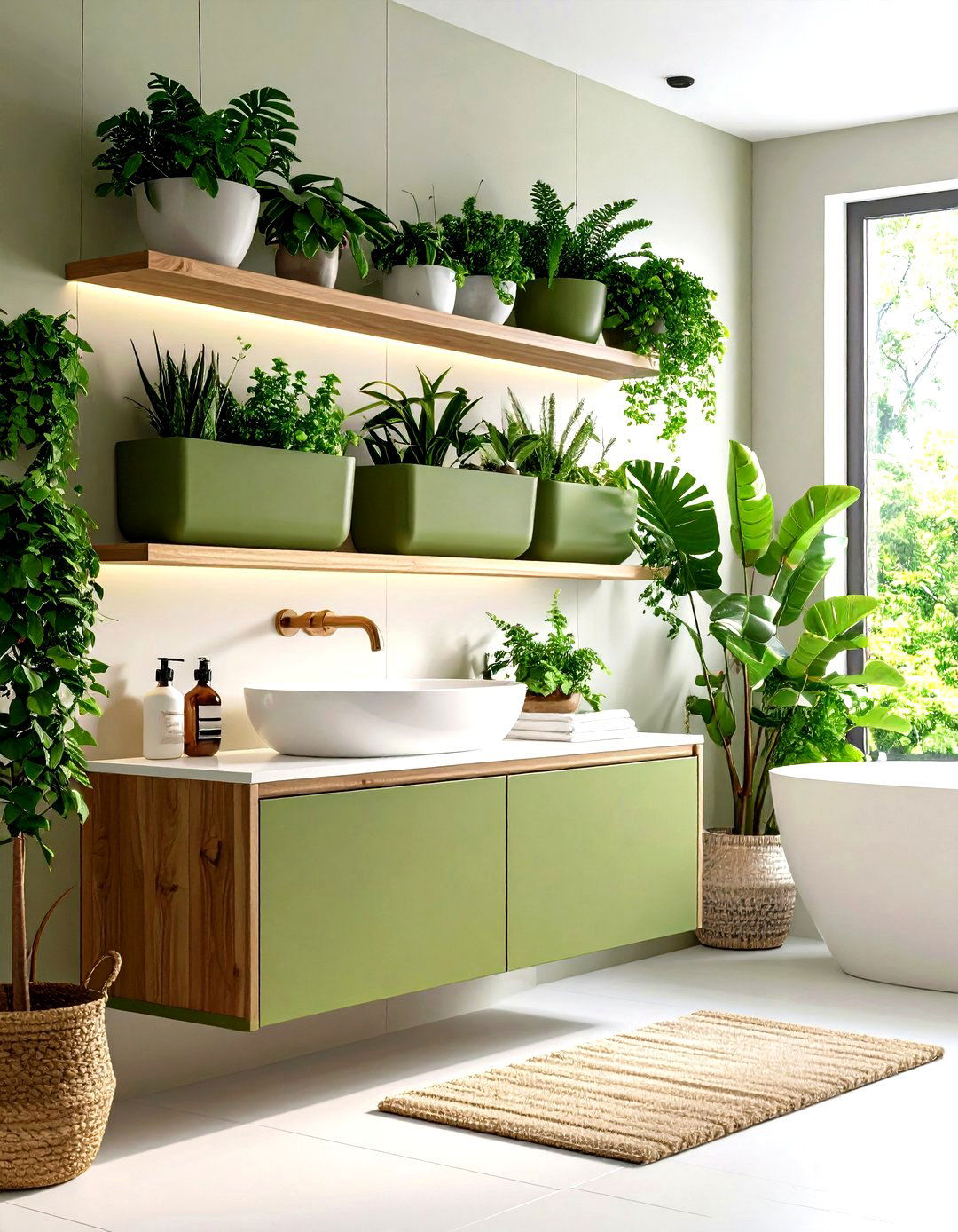 Olive Green Plant Display - 24 Small Green Bathroom Ideas