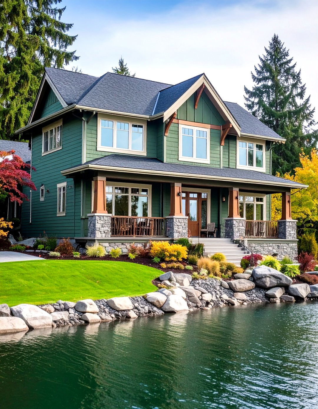 Olive Green Richness - 24 Lake House Exterior Colors Ideas